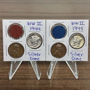 1944 + 1945 Mercury Dimes WWII 90% Silver + Wheat Cent + WWII Token